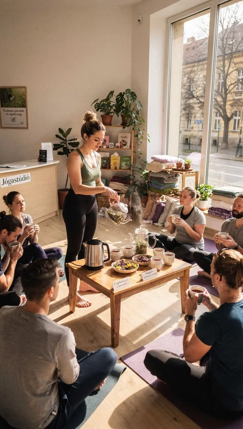 Teáscsésze, benne gőzölgő gyógynövényes ital, relaxációs környezetben.